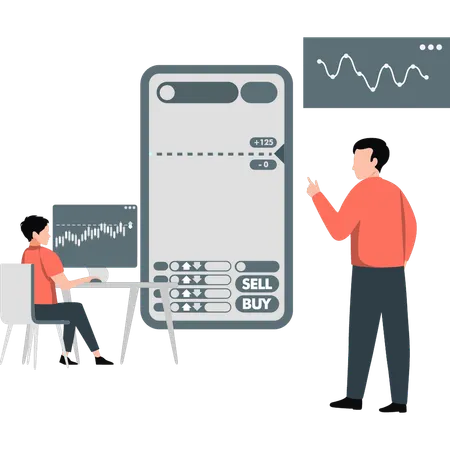 Boy explaining the process of buying and selling company shares  Illustration