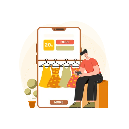 Boy exploring an online shopping app Illustration