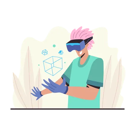 Boy exploring VR glasses with gloves  Illustration