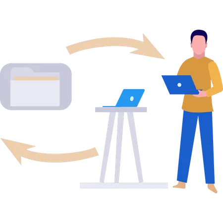 Boy exporting and importing data from laptop to laptop  Illustration