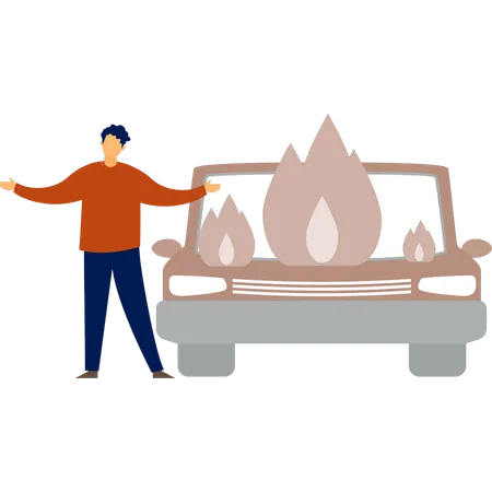The Boy Is Showing The Bonfire On The Car Illustration