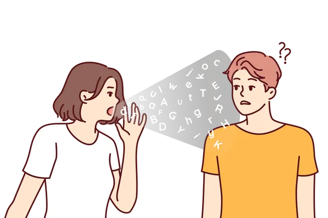 Language Barrier Between Woman And Man Experiencing Communication Problems And Standing Near Latin Letters Puzzled Guy Does Not Understand Talking Girl Because Of Language Barrier Illustration