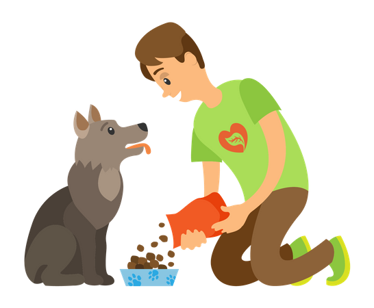 Boy feeding dog Illustration