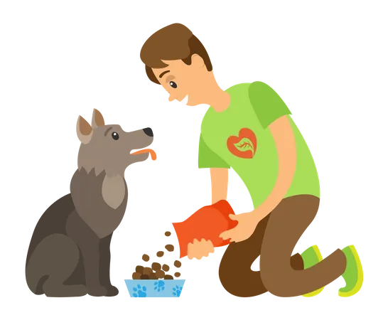 Boy feeding dog  Illustration