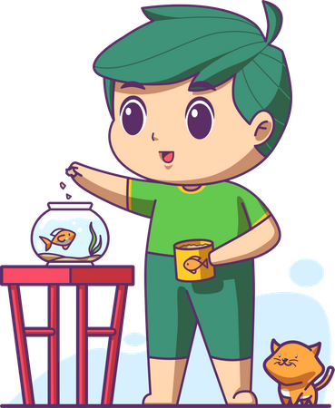 Boy feeding fish food inside fish tank  イラスト