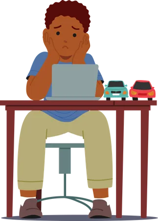 Dejected Child Boy Character Sits At A Desk With A Laptop Displaying Visible Signs Of Boredom And Sadness Perhaps Longing For Entertainment Or Tired Of Homework Cartoon People Vector Illustration Illustration
