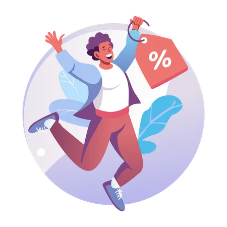 Boy feeling happy after getting discount  Illustration