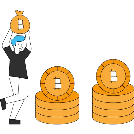 The Boy Stands With The Bitcoins Illustration
