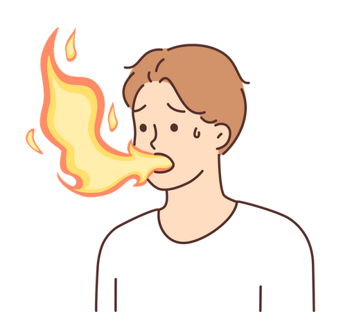 Boy feeling hot by eating spicy food  Illustration