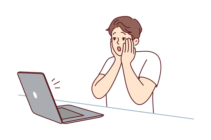 Boy feeling shocked while seeing laptop  Illustration