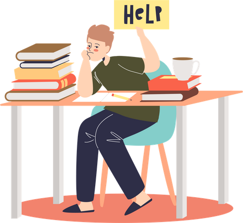 Boy feeling tired of doing homework  Illustration