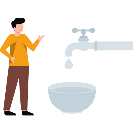 Boy filling bowl with tap water  Illustration