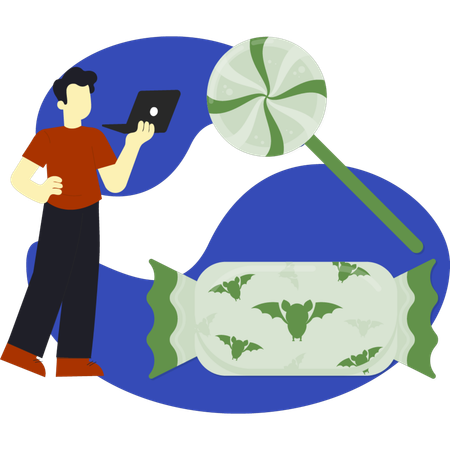 Boy finding halloween lollipop online  Illustration