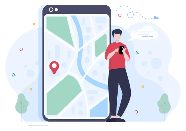 Boy finding location on mobile Illustration
