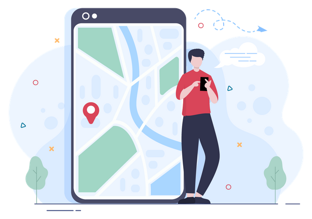 Boy finding location on mobile  Illustration