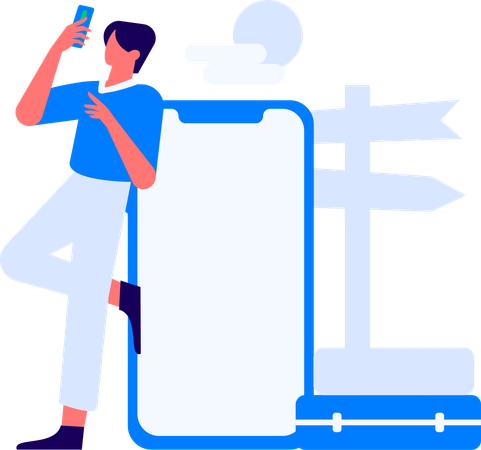 Boy finding location using mobile  Illustration