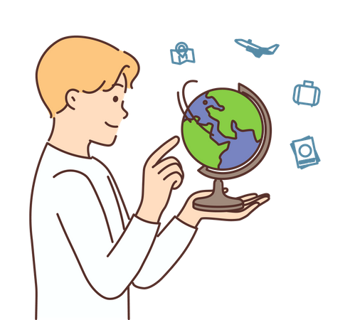 Boy finding place to travel on globe  Illustration