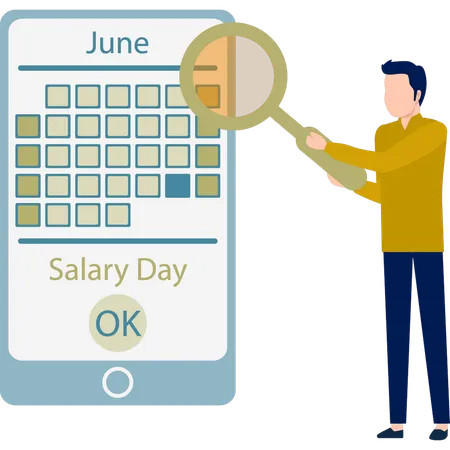 Boy finding salary date in calendar  Illustration