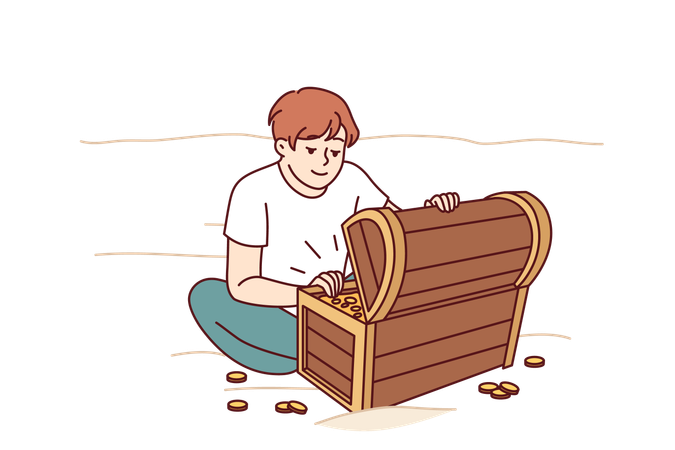 Boy finds treasure box at sea shore  Illustration