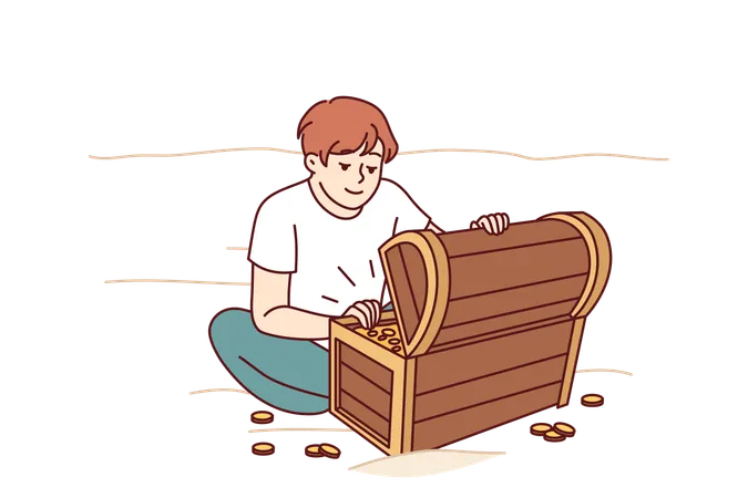 Treasure Hunter Boy Found Wooden Chest With Gold And Is Sitting On Beach Looking At Prey Little Kid Dreams Of Finding Sunken Treasure Of Pirates From Middle Ages And Getting Rich Illustration