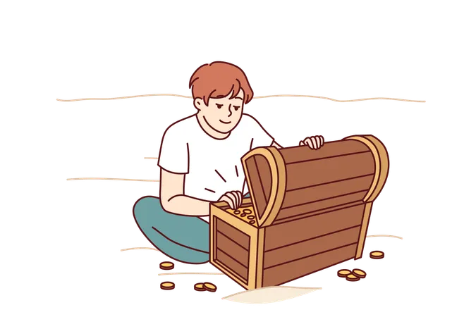 Boy finds treasure box at sea shore  Illustration