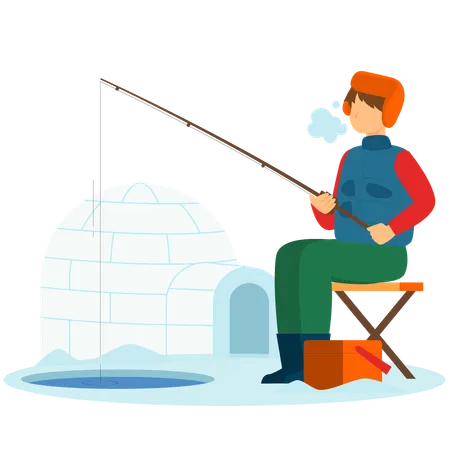 Boy fishing outside igloo  Illustration