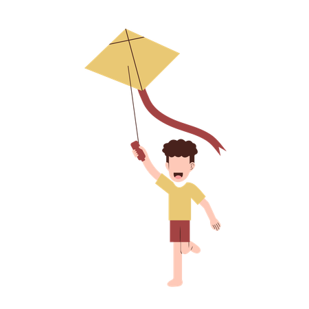 庭で凧揚げをする少年  イラスト