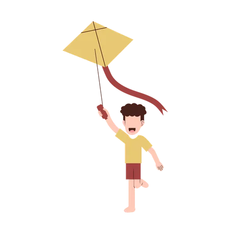 庭で凧揚げをする少年  イラスト