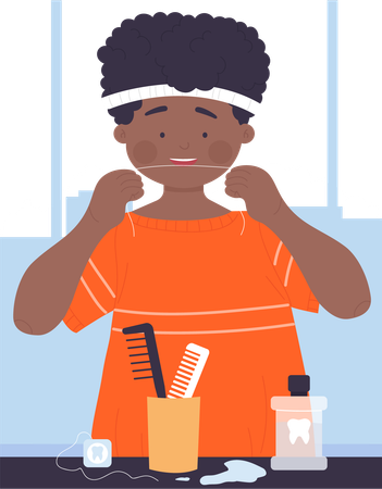 Boy flossing tooth  Illustration