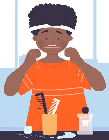 Boy flossing tooth  Illustration