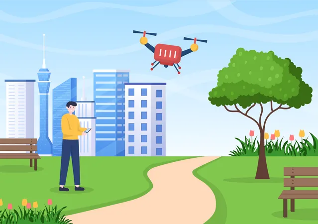 Boy flying drone  Illustration