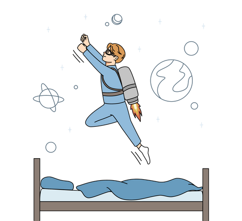 Boy flying high in galaxy  Illustration
