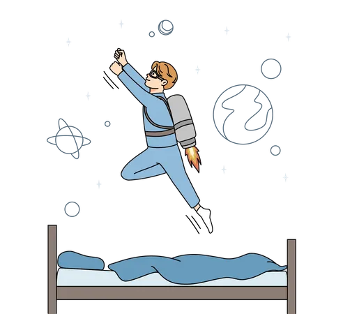 Boy flying high in galaxy  Illustration