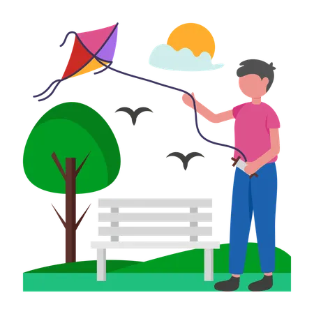 Boy flying kite in park  Illustration
