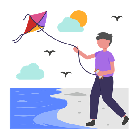 Boy Flying Kite on Beach  Illustration