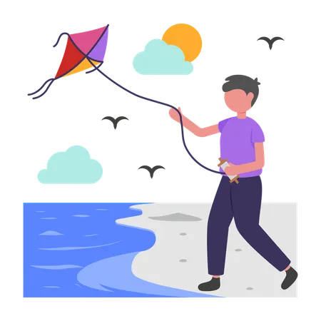Boy Flying Kite on Beach  Illustration