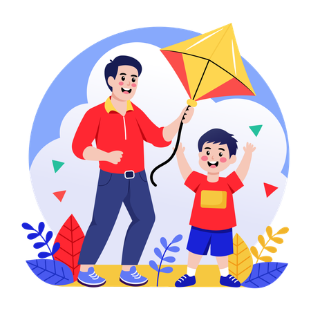 Boy flying kite with father  Illustration