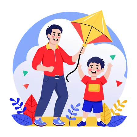 Boy flying kite with father  Illustration