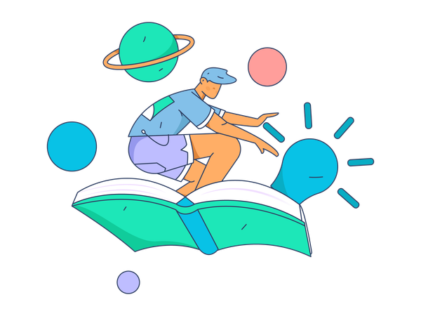 Boy flying on book  Illustration