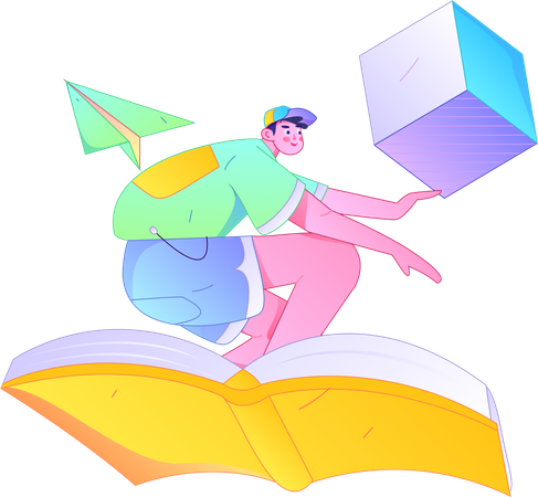 Boy flying on book  Illustration