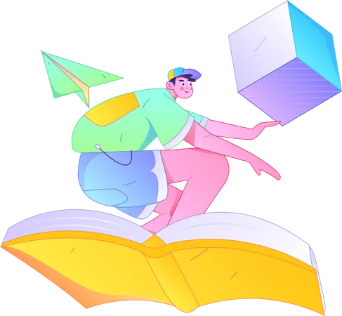 Boy flying on book  Illustration