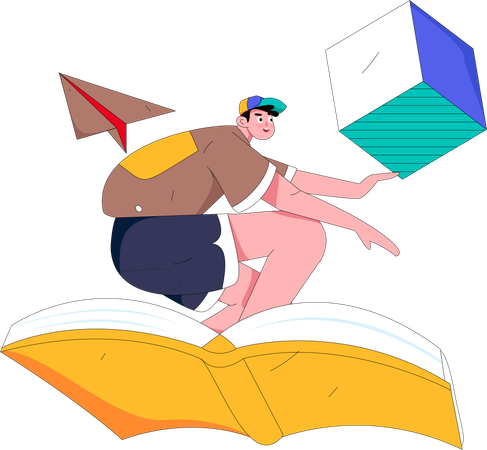 Boy flying on book  Illustration