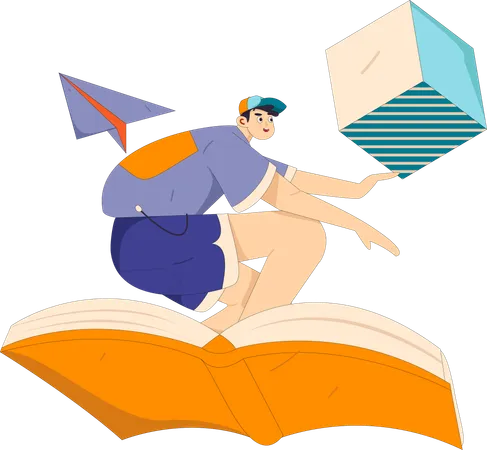 Boy flying on book  Illustration