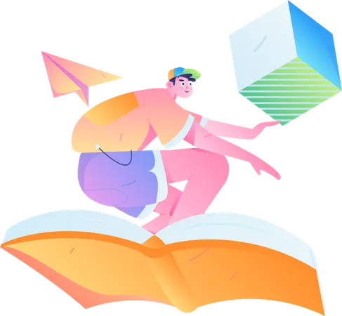 Boy flying on book  Illustration