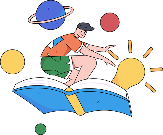 Boy flying on book  Illustration