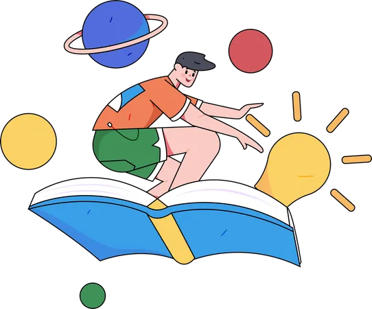 Boy flying on book  Illustration