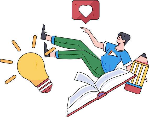 Boy flying on book  Illustration