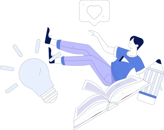 Boy flying on book  Illustration