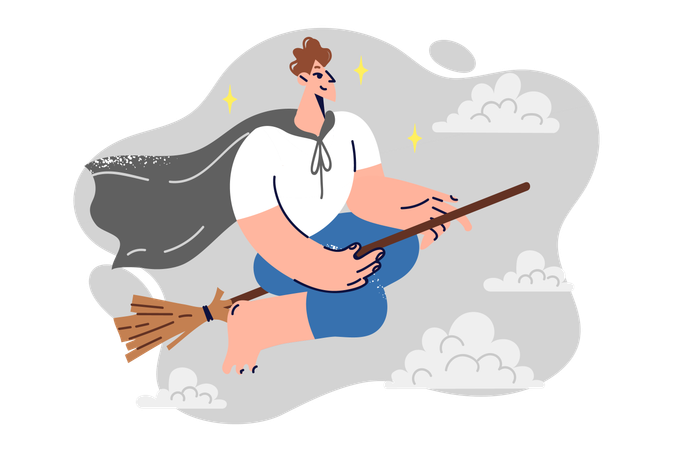 Boy flying on broom among clouds  Illustration