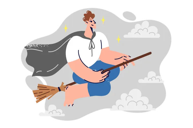Boy From School For Young Wizards Flies On Broom Among Clouds Fantasizing About Magic In Sleep Smiling Man In Raincoat Flies On Broom Imagining Having Magical Transport To Move Through Air Illustration